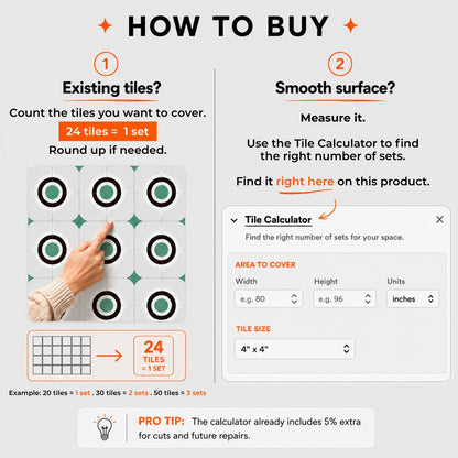 Instructions on how to buy tiles with a tile calculator tool displayed.