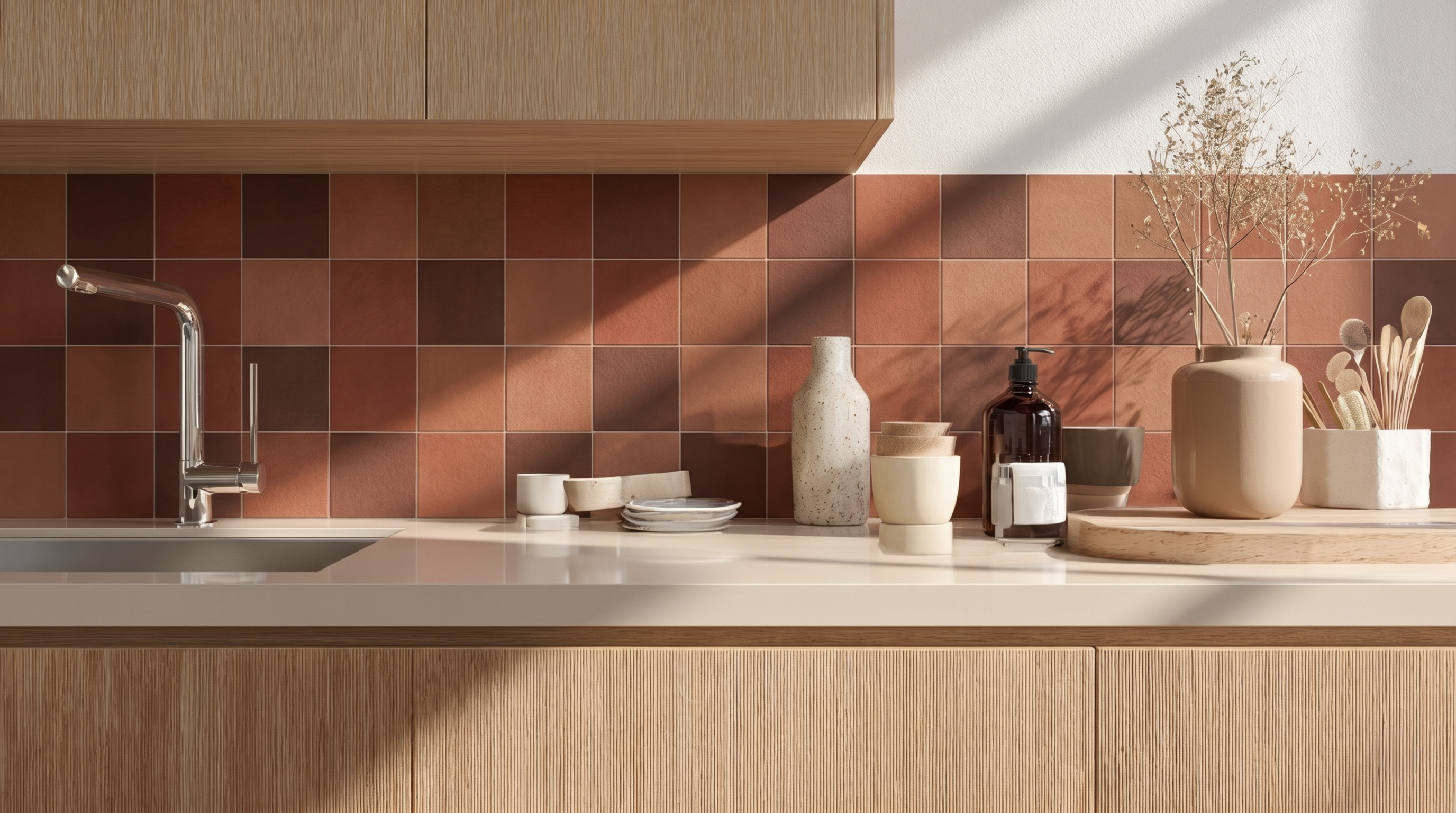 Modern kitchen with wooden cabinets, a tiled backsplash, and various kitchen items on the counter.